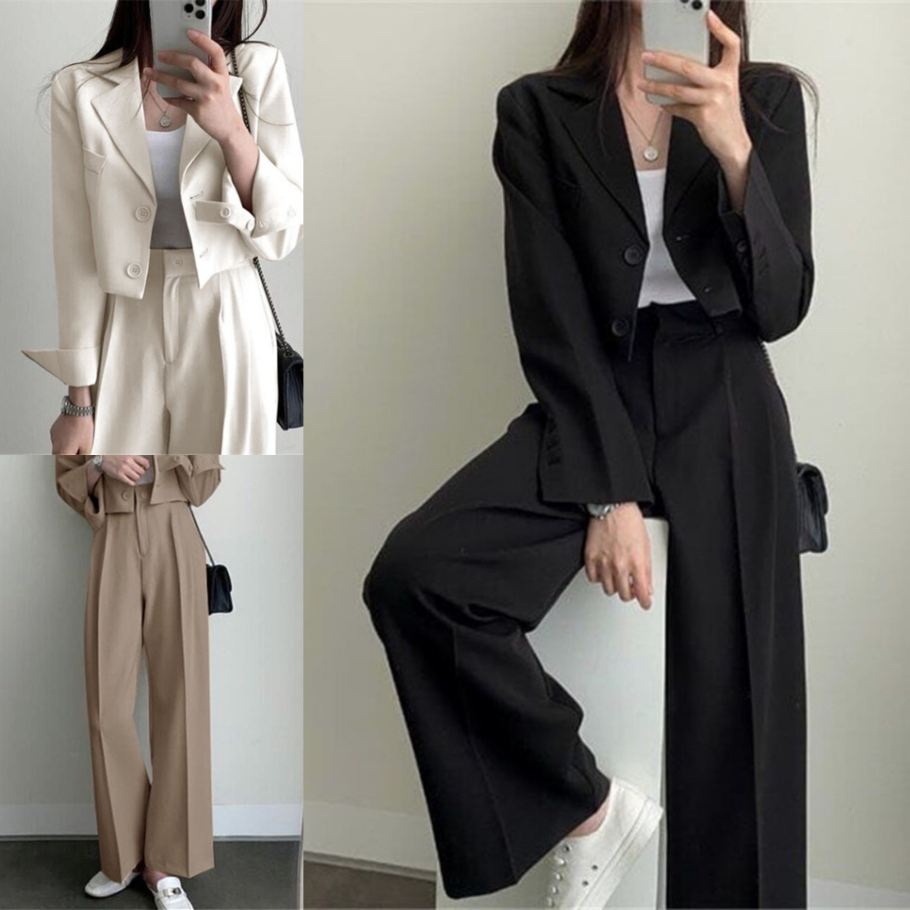 SUIT-02 🌻 *ทั้งชุด* ชุดสูทผู้หญิงครอปสั้นแขนยาว เสื้อเบลเซอร์ สไตล์เกาหลี ชุดสูทเสื้อ+กางเกง ใส่เที่ยว ใส่ทำงาน