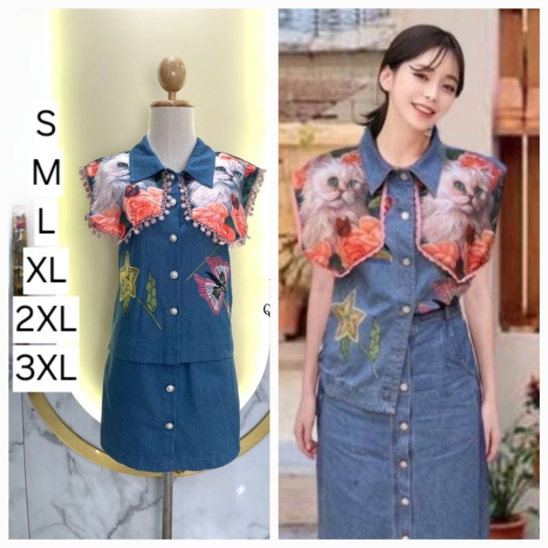 607💘มีS,M[ปกติ]เซตยีนส์แต่งคอปกแมวปักดาวแน่น