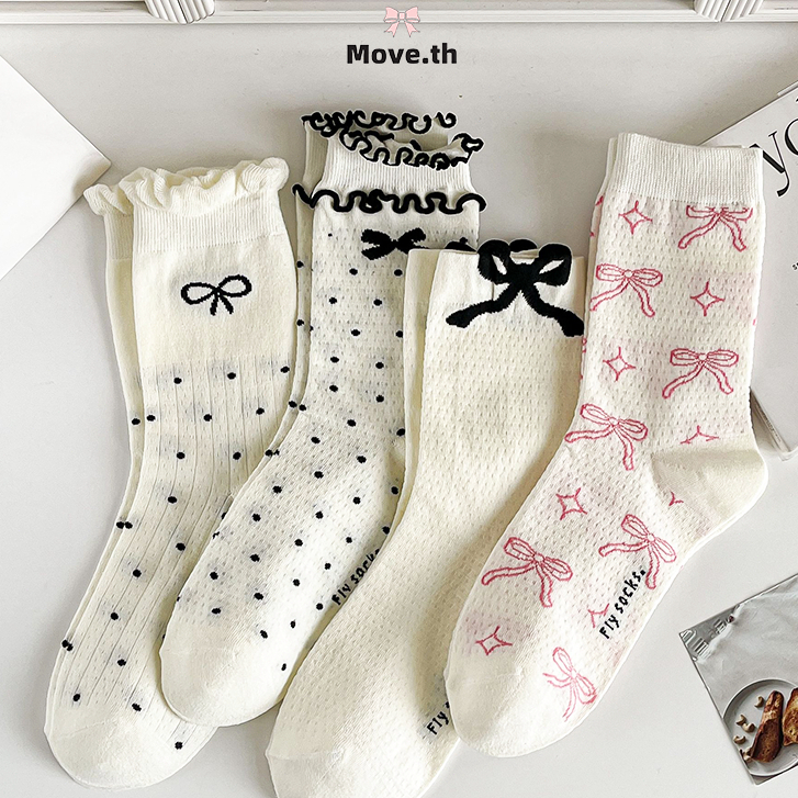 ในไทย-พร้อมส่ง✨ถุงเท้าข้อยาว ประดับโบว์ น่ารักหวาน Insสไตล์เกาหลี สำหรับผู้หญิง บางระบายอากาศ คุณภาพสูง ฤดูร้อน 2024ใหม่