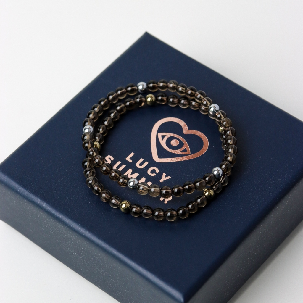 LUCYSUMMER กำไลข้อมือหิน Smoky Quartz ผสม Pyrite หรือ Hematite ขนาด 4 มม.