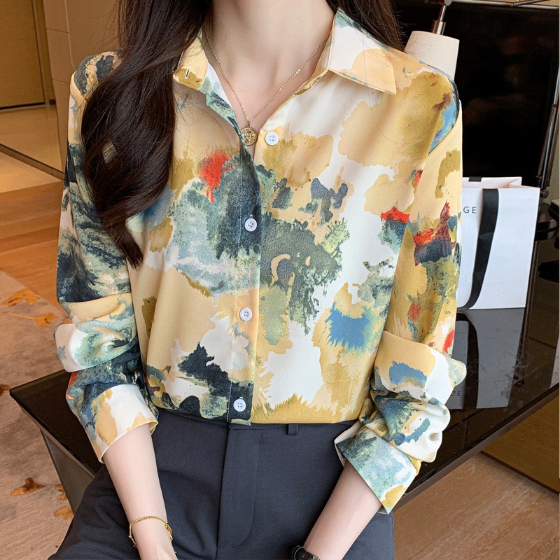 berry pink เสื้อเชิ้ตผู้หญิงพิมพ์ลายเสื้อเชิ้ตแขนยาวคอปกผ้าชีฟอง เสื้อเบลาส์แฟชั่นเนื้อผ้าดีทรงหลวม
