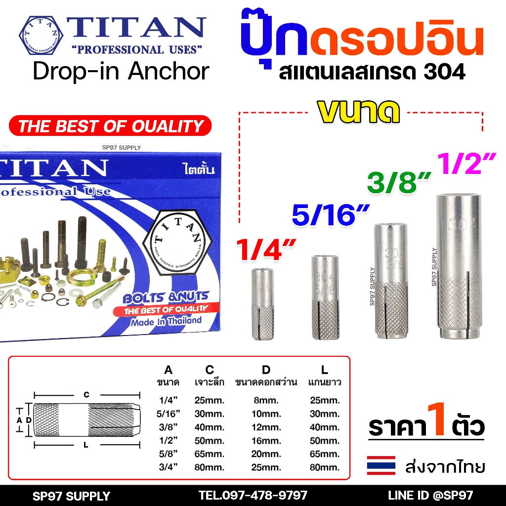 พุกสแตนเลส พุ๊กดร็อปอิน (งานไทย) สแตนเลส 304 ดรอปอิน ขนาด 1/4 ,5/16, 3/8, 1/2 นิ้ว Drop In Anchor Stainless (ราคา1ตัว)