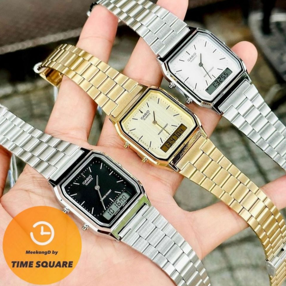 CASIO AQ-230 หน้าปัด30มม. นาฬิกาชาย-หญิง สายสแตนเลส กันน้ำ แสดงวันที่-สัปดาห์ คาสิโอแท้ รับประกันศูนย์1ปี