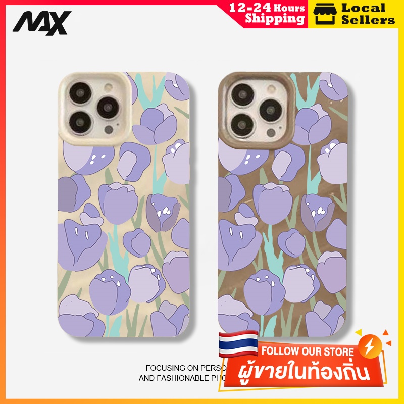 ส่งจากไทยเคส iphone 7P 8P 11 13 14 Pro Max กล้องป้องกันมิตรกับสิ่งแวดล้อมกันกระแทกดอก ดอกทิวลิปสีม่วงสง่างาม