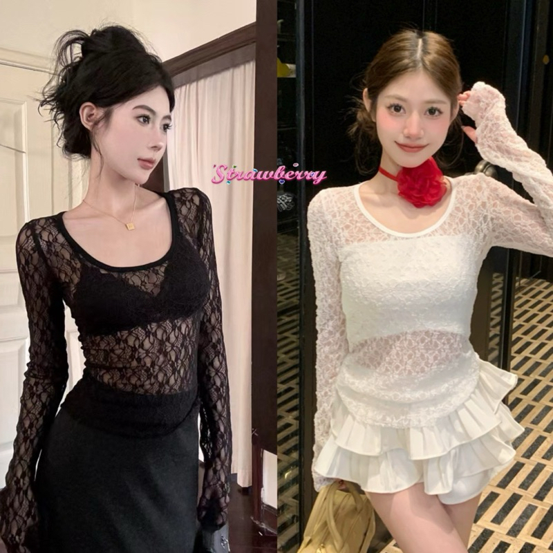 Lisa พร้อมส่ง เสื้อลูกไม้ผู้หญิง แฟชั่น คอยูแขนยาวสีขาว สไตล์ฝรั่งเศส เสื้อยืดซีทรูทรงเข้ารูป ผ้านิ่ม Y2K เซ็กซี่ แซ่บๆ