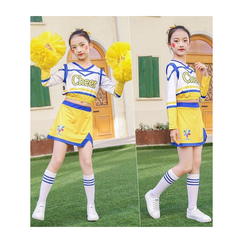 (พร้อมส่งในไทย) ชุดปอมปอมเชียร์ลีดเดอร์ ชุดเซต 4 ชิ้น เสื้อ +กระโปรง + ถุงเท้า + โบว์ สีเหลืองน่ารักสดใส