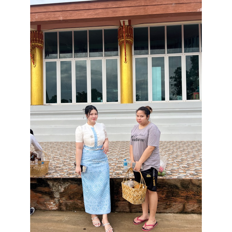 🚩ราคาถูก🚩Z54(เฉพาะผ้าถุง)ผ้าถุงสำเร็จผ้าทอลายสีฟ้าอัดกกาวทั้งตัว#ชุดไทยประยุกต์ #ชุดไทย #ชุดไทยราคาถูก - รูปที่ 2