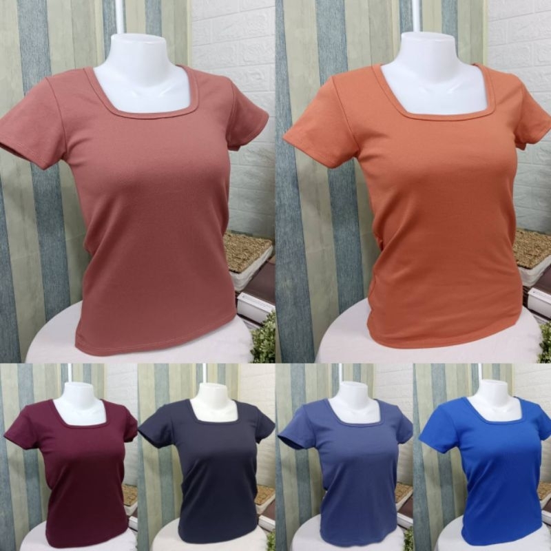 A035 เสื้อยืดคอเหลี่ยม แขนสั้น สีพื้นเต็มตัว ทรงสวย สไตล์เกาหลี ผ้านุ่มใส่สบาย
