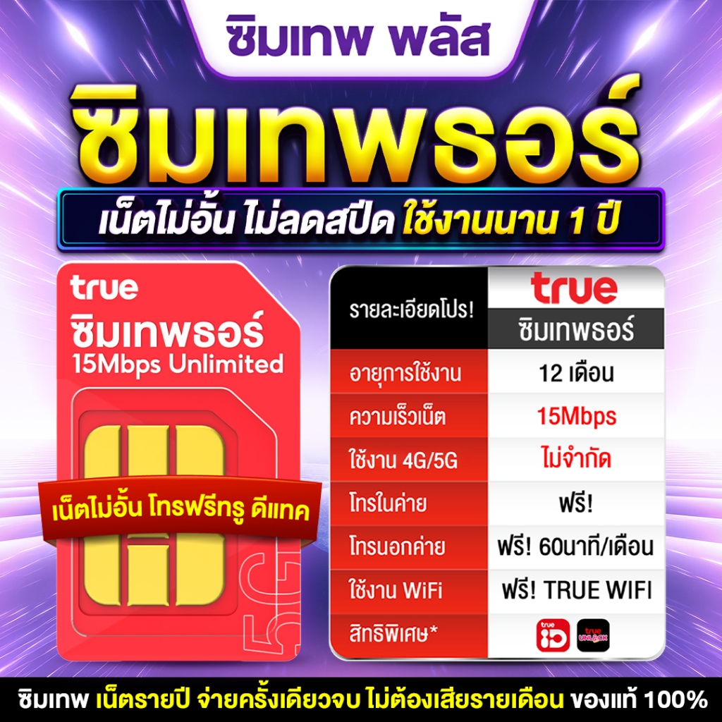 ซิมการ์ด ซิมเทพธอร์ 15Mbps ซิมเน็ตไม่อั้น ไม่ลดสปีด แพ็คเกจรายปี โทรฟรีทุกเครือข่าย # ซิมเทพพลัส