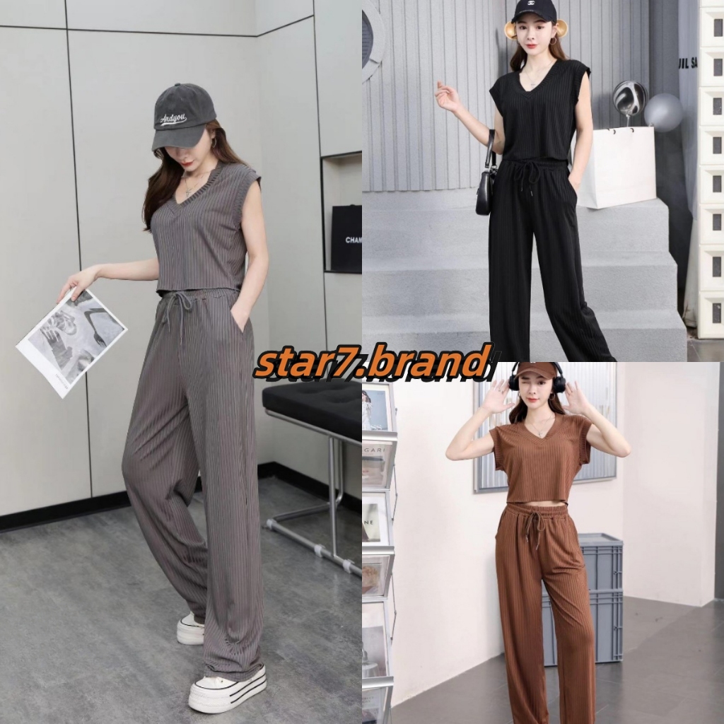 🌈🍓Star7.brand พร้อมส่ง🍓🆙COD🆙 ชุดเสื้อแขนสั้นคอวีและกางเกงขายาวกางเกงขายาวมีเชือก สไตล์ครอปมีหลายกระเ