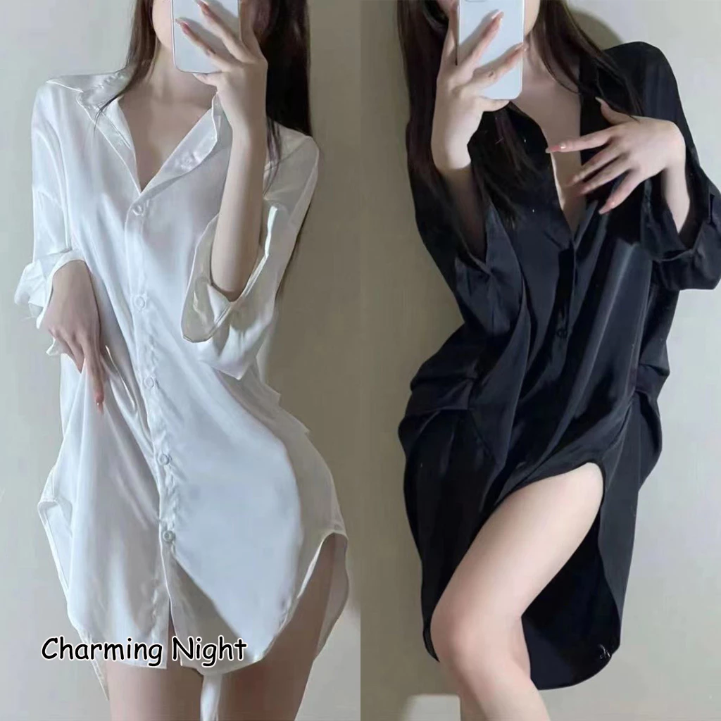 ชุดนอน sexy ชุดนอน เชิ้ต🌸เสื้อแฟน ผ้าไหมน้ำแข็ง เนื้อผ้าใส่สบาย🌙พร้อมส่งจากไทย H9068