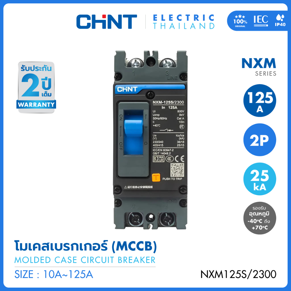 CHINT โมลด์เคส เซอร์กิตเบรกเกอร์ ไฟ 2 เฟส MCCB รุ่น NXM-125S/2300 2P พิกัดไฟ 16A - 100A