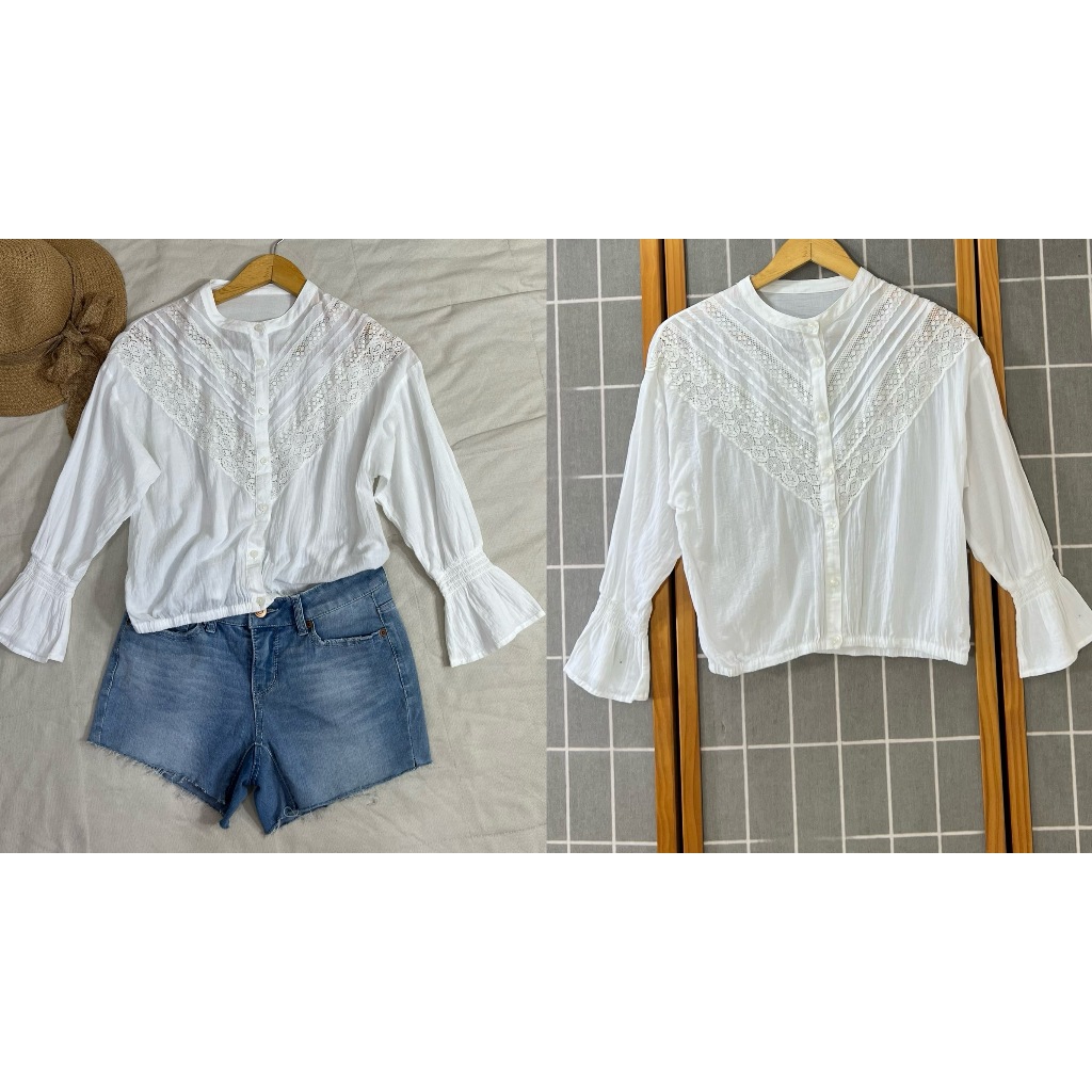 (C406) Retro Girl ไซส์ F เสื้อสีขาวผ้าคอตตอน 100% สภาพสวยมาก ปลายแขนกระดิ่ง เรียบๆ แต่น่ารัก อก 40 ย