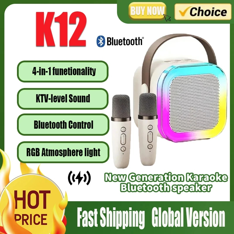 K12 Bluetooth Wireless Portable Speaker Multi-function Karaoke with 1-2 Microphone Small Home Ktv Mu