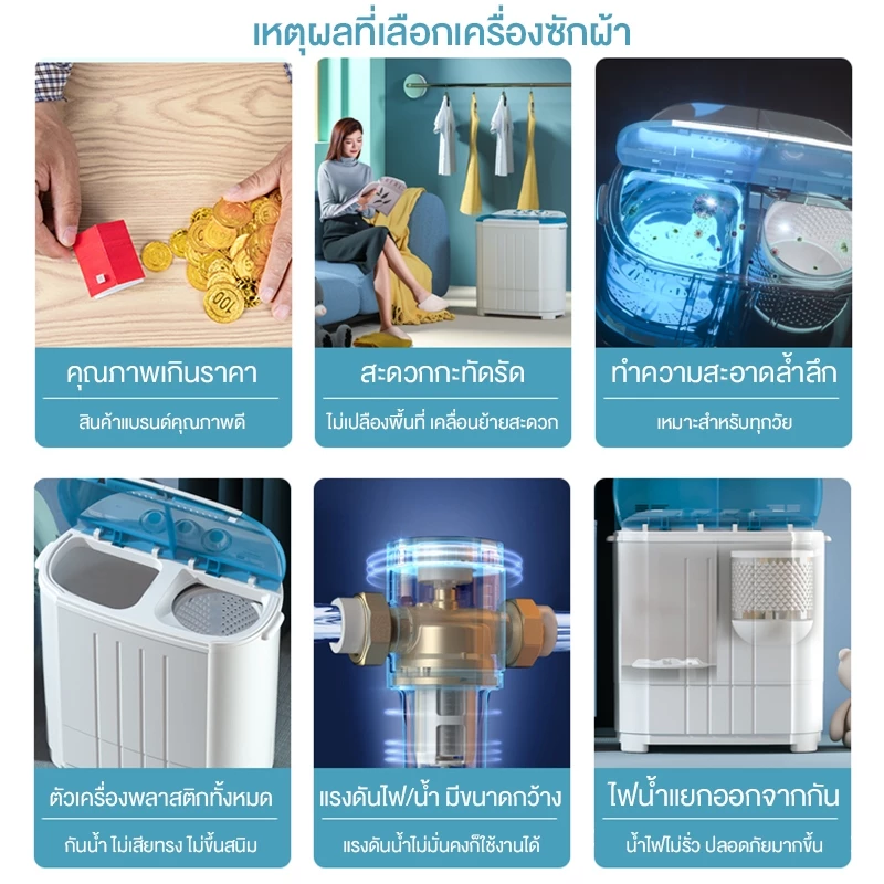 CAMEL เครื่องซักผ้ามินิฝาบน เครื่องซักผ้ามินิ ขนาดความจุ 9KG ฟังก์ชั่น 2In1 ซักและปั่นแห้งในตัวเดียวกัน thumbnail 8