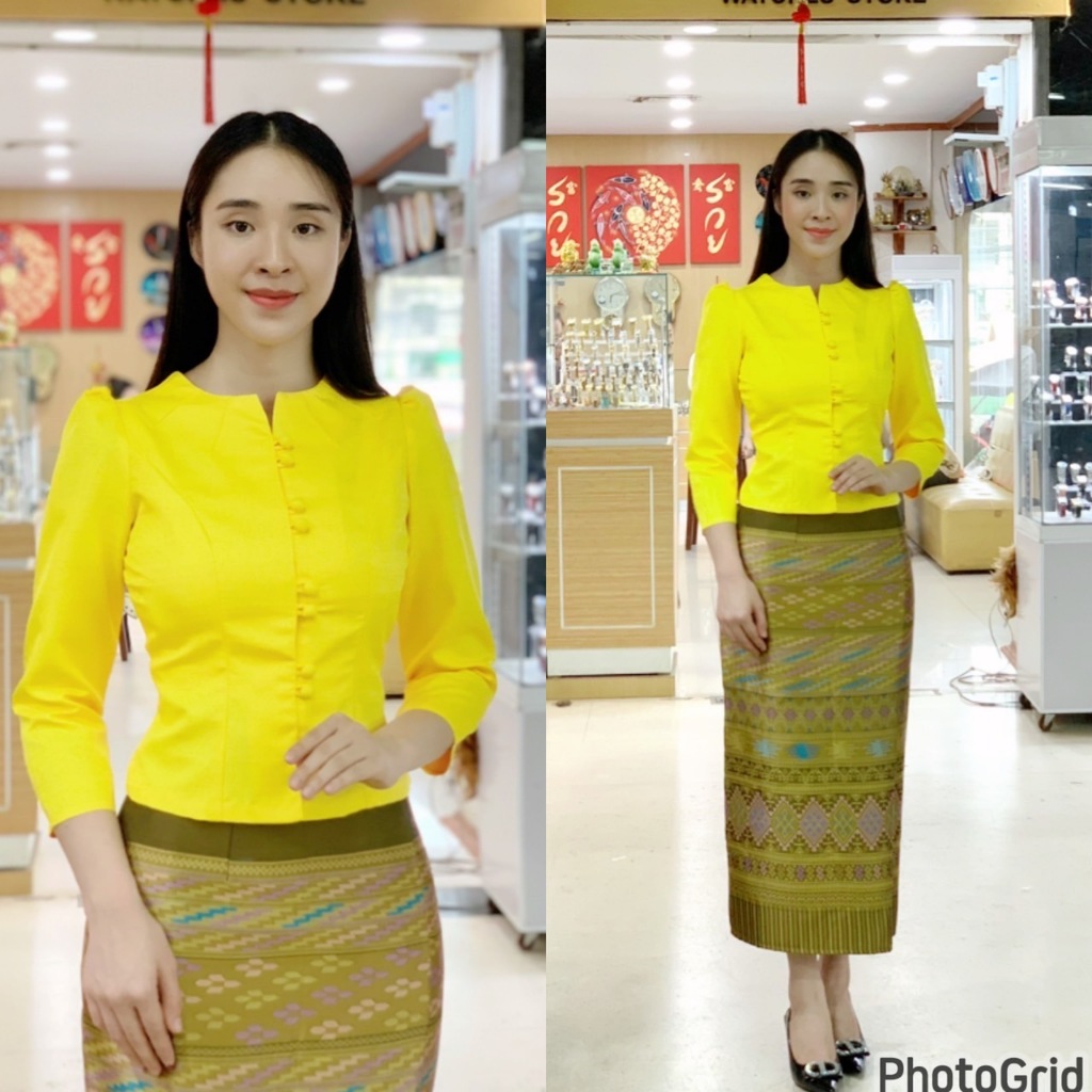 งานชุดผ้าไหมเสื้อทรงไลลา+ผ้าถุงลายทอ+อัดกาวเต้มตัว