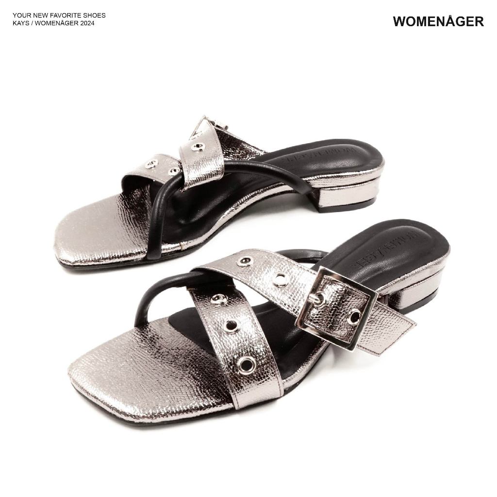 womenager - Kays Silver snakeskin leather รองเท้าผู้หญิง รองเท้าแตะแฟชั่น สวมใส่ง่าย