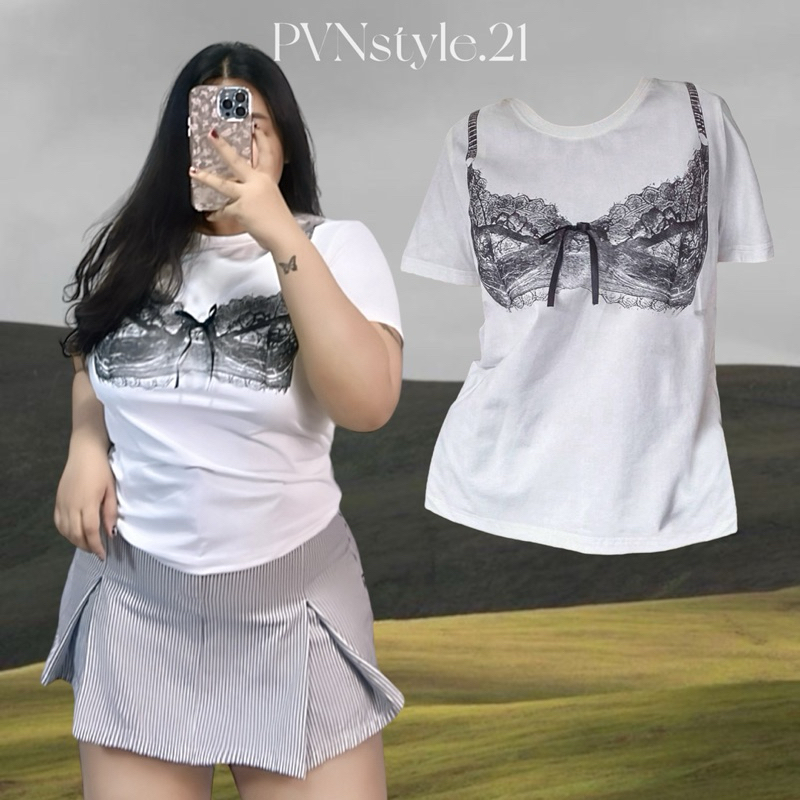 เสื้อยืดแขนสั้นคอกลมสกีนลายสาวอวบ อก 40-44