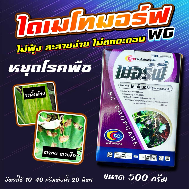 เมอร์ฟี่ ไดเมโทมอร์ฟ 50% สารเดียวกับ ฟอรัม สารป้องกันกำจัดโรคพืช ราน้ำค้าง ใบไหม้ ใบลาย ตากบตาเสือ เชื้อราต่างๆ 500 กรัม