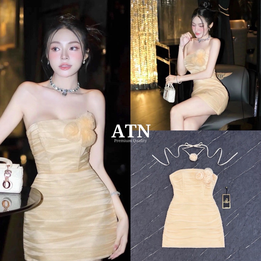 ATN BRAND ATN01 Size L  มินิเดรสเกาะอกสีครีมทอง+เชือกคล้องคอ+เข็มกลัดดอกไม้ อกเสริมฟองน้ำ