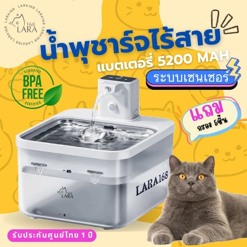 (ส่งด่วน)🌈น้ำพุแมวอัตโนมัติไร้สาย น้ำพุแมว Lara168 sensor5 แถมกรอง5ชิ้น (M08)