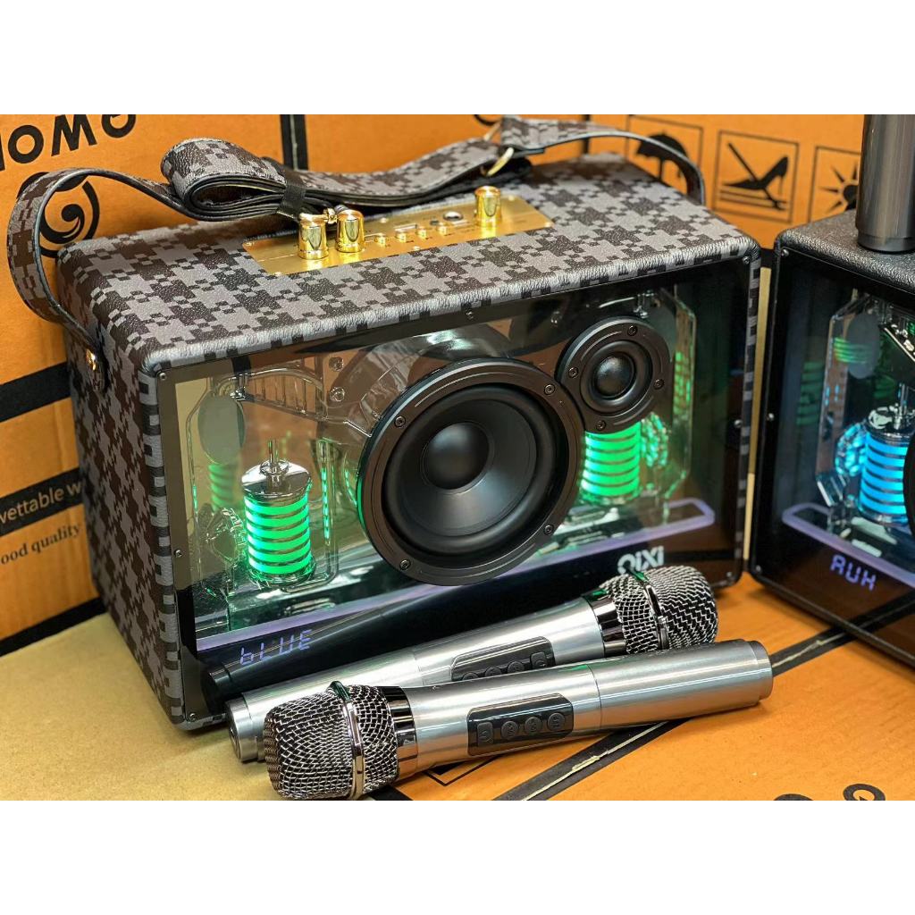 ลำโพงบลูทูธไร้สายรุ่น SK-2066A แถมไมค์ลอย 2ตัว ตู้โปร่งใส เสียงเบสแนน รองรับ AUX TF USB มีสายสะพาย ม