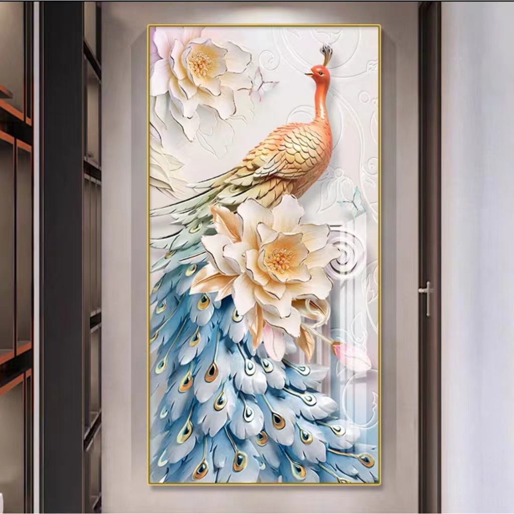 ภาพวาดตกแต่งทางเข้านกยูงรุ่นแนวตั้งแสงหรูหราเรียบง่ายทันสมัยพื้นหลังทางเข้าแขวนผนังภาพวาดจิตรกรรมฝาผนังทางเดินทางเข้า