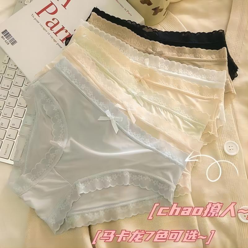 🌸Swift Bra🌸กางเกงในผ้าไหมน้ำแข็งบางเฉียบของญี่ปุ่น โบว์ ลูกไม้ เรียบง่าย หวาน ระบายอากาศกางเกงในสตรีเอวกลางผ้าไหมน้ำแข็ง