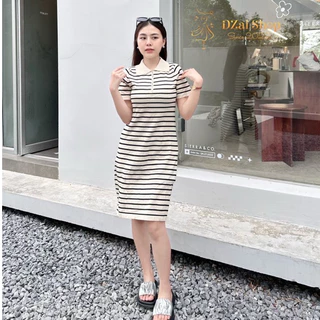 Dzaishop💕ชุดเดรสไหมพรมทรงคอปก ทอลายริ้วคาดเส้นตัดสี🍬แต่ซิปเพิ่มความเกาหลีนิดๆ รวมๆคือดี