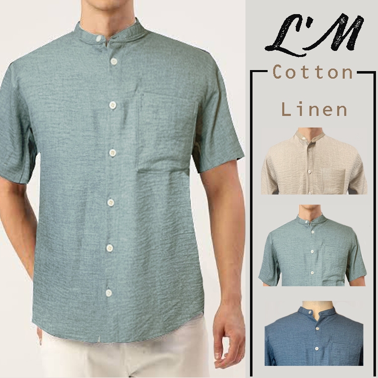 L'm men's style เสื้อเชิ้ตคอจีน ผ้าคอตตอนลินิน เนื้อผ้ายืดหยุ่นได้