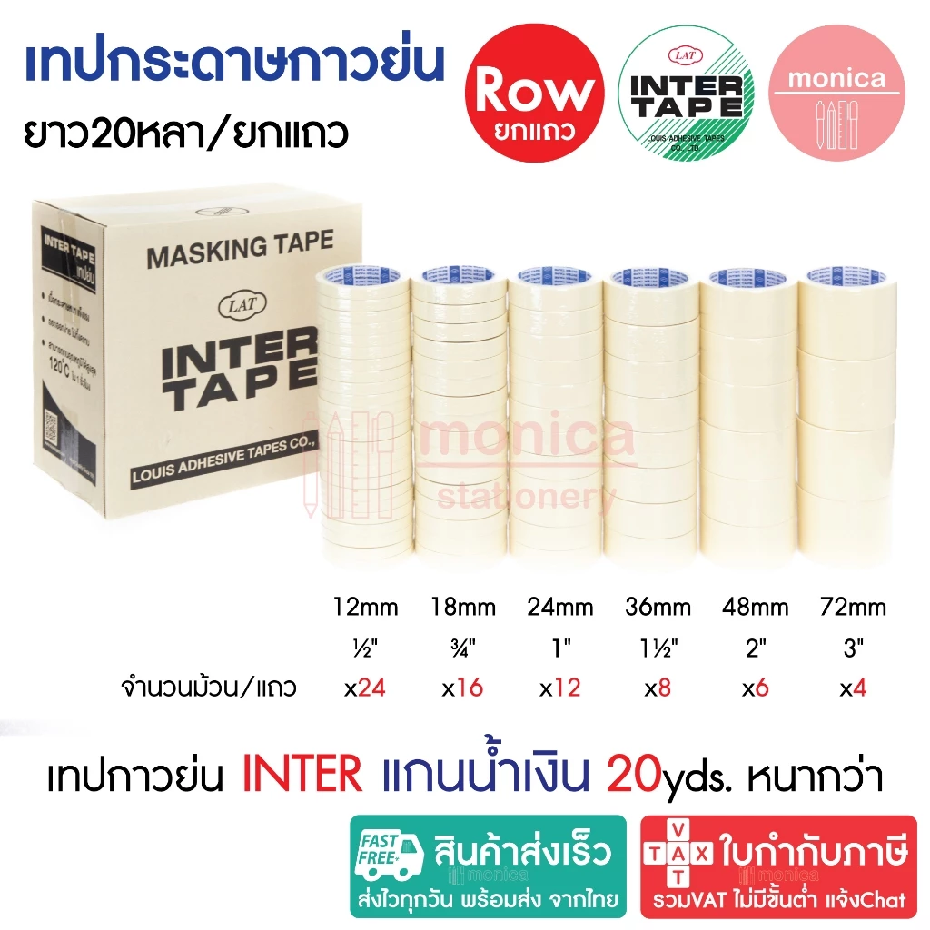 ส่งฟรี (ยกแถว) เทปกาวย่น 20หลา INTER TAPE อินเตอร์ แกนน้ำเงิน ½ ¾ 1 1.5 2 3 นิ้ว เทปย่น เทปกระดาษกาว