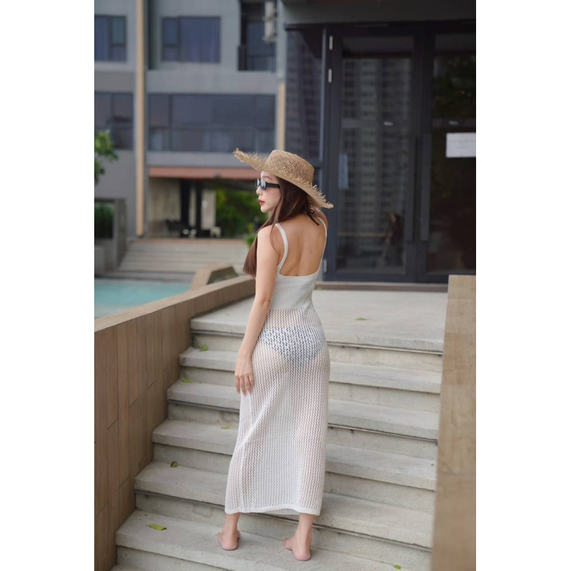 🍁ชุดเดรสไหมพรมซีทรู🍁ชุดเดรสสายเดี่ยวคลุมบิกินี่ไปทะเล เดรสไหมพรม - รูปที่ 2