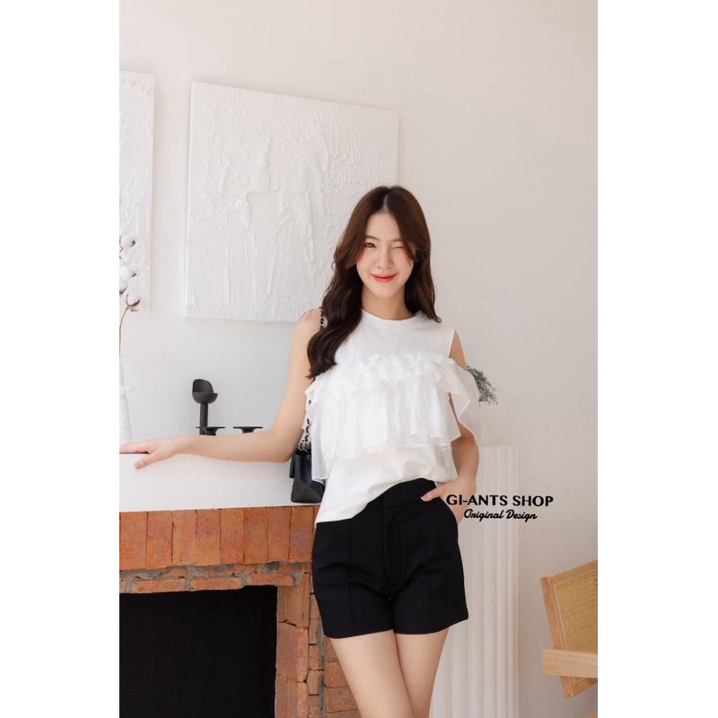 พร้อมจัดส่งเสื้อยืดคอกลมแต่งระบาย เนื้อผ้าคอตตอลสุดพรีเมี่ยม