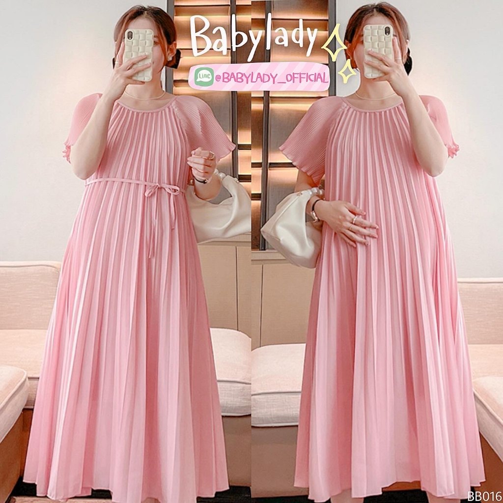 BB 016 ชุดคลุมท้อง - พลีทพร้อมสายผูกเอว ชมพู BABYLADY