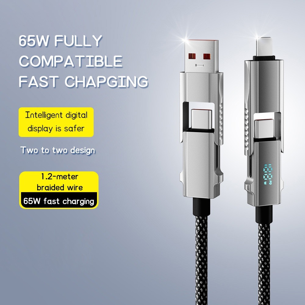65W 4 in 1 สายชาร์จเร็ว 3A PD สาย USB-A to Type-C หลายอุปกรณ์ รองรับการชาร์จอินเตอร์เฟซ เปลี่ยนได้ สําหรับ android