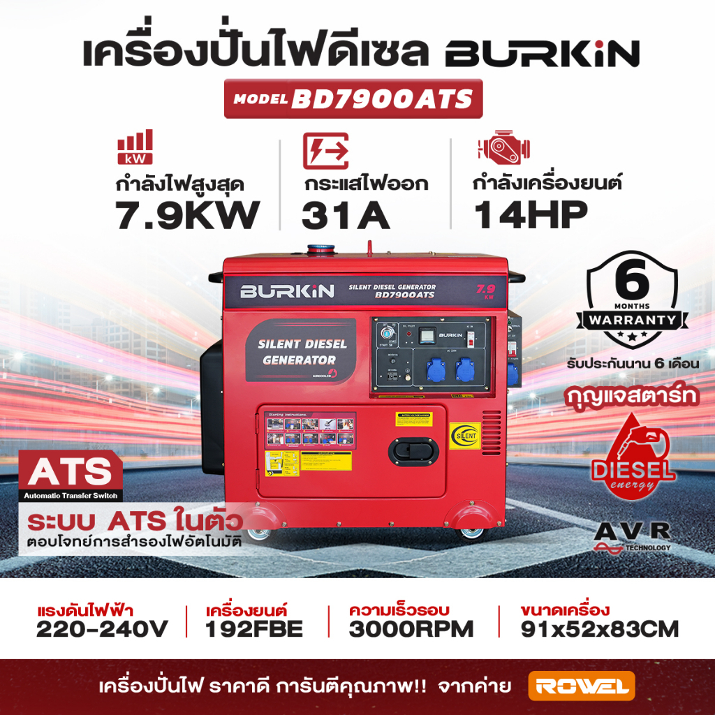 เครื่องปั่นไฟดีเซล BURKiN แบบไดปิด รุ่น BD7900ATS ขนาด 7.9 กิโลวัตต์+ ATS ในตัว