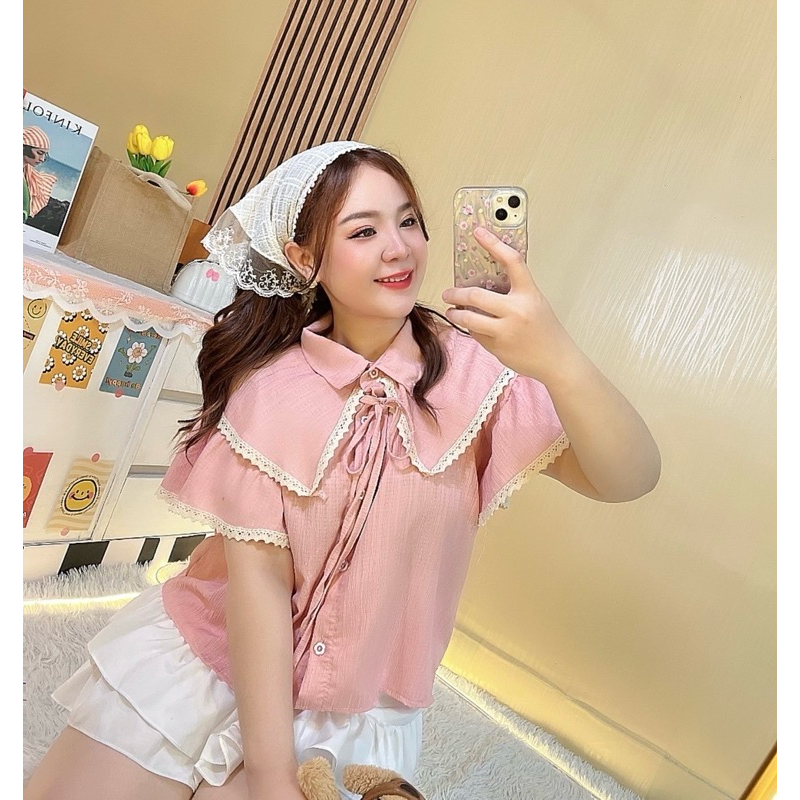 เสื้อไซส์ใหญ่ เสื้อสาวอวบ ชุดคนอ้วน ผ้าไหมอิตาลี่แต่งลูกไม้ แขนสั้น หน้าผ้า 50” อก 42-48“