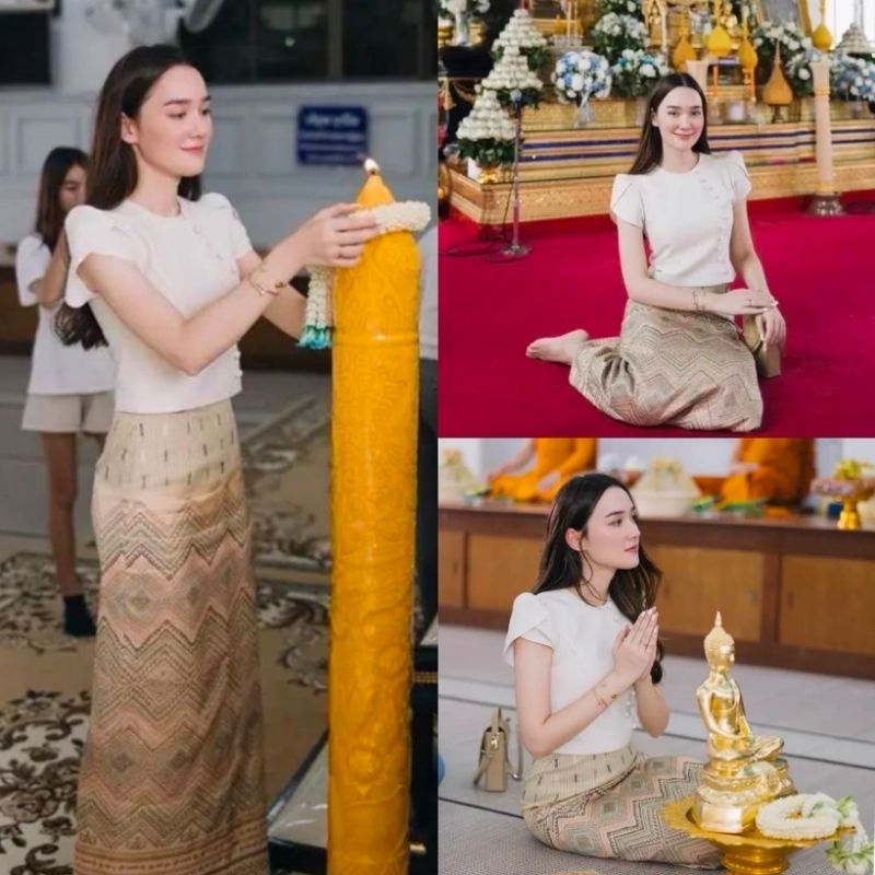 ว่างXL ชุดเซ็ทผ้าไทยเสื้อแขนกลีบบัวสีขาวมาพร้อมผ้าถุง งานตัดสำเร็จอัดกาว รุ่นนี้สีนี้คือคลาสสิคใส่ได้ทุกโอกาส