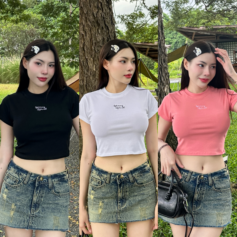 เสื้อครอปBABYTEE คอกลมแขนสั้น ผ้ายูนิโค่ ปักโลโก้น่ารัก ใส่เที่ยวคาเฟ่ สาวอวบก็ใส่ได้จ้า รุ่น ครอปAngel