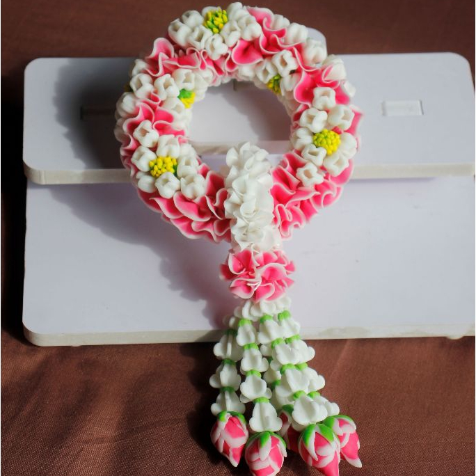 (งานสวยและพวงใหญ่มากกค่า) พวงมาลัยเต็มมือ 8" มะลิ/กลีบกุหลาบสีชมพูงานดินปั้น