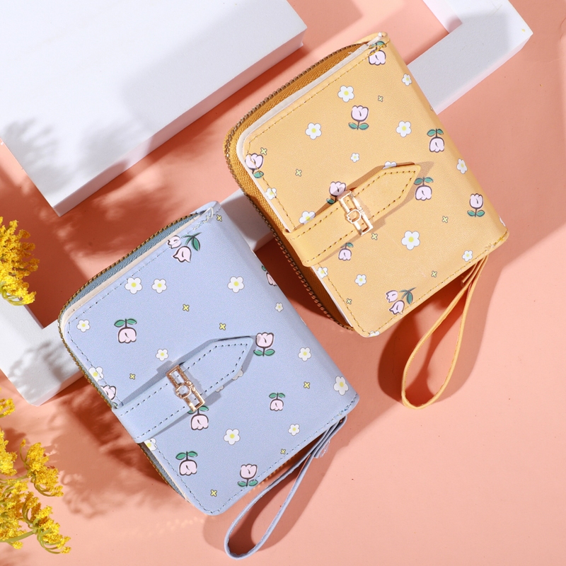 XK-147 กระเป๋าสตางค์มินิมอล สีสดใส พกพาสะดวก ขนาดเล็กแบบพกพา พร้อมช่องใส่บัตร -น่ารัก -flowers