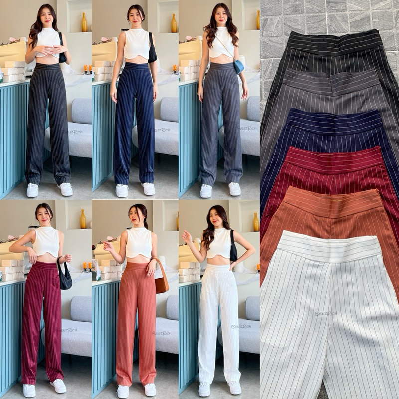 SALE ริ้วธรรมดา ซิปข้างขากระบอก กางเกงแฟชั่น ทำงานหญิง