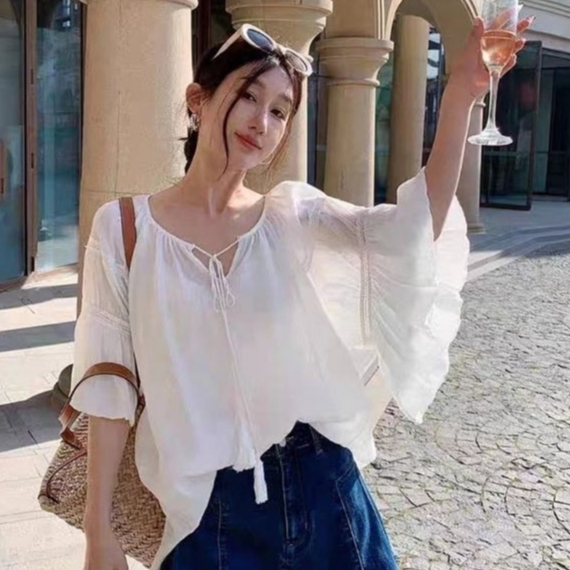 𝗔𝗟𝗜𝗖𝗘 𝗧𝗢𝗣 - เสื้อผ้าตัวยาว ผ้าสลาฟแขนพอง มีเชือกผูกด้านหน้า ผ้าเนื้อดี