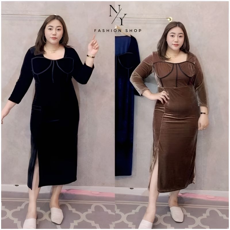 (ลดพิเศษ มีจํานวนจํากัด)เดรสกํามะหยี่แขน 3 ส่วนสาวอวบ Free size:32 - นิ้ว.( หน้าผ้า 44 นิ้ึึว )