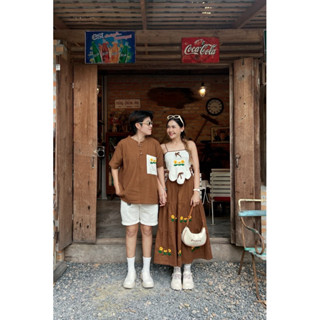 ชุดเซตสายเดี่ยวผูกโบว์ สีน้ำตาล