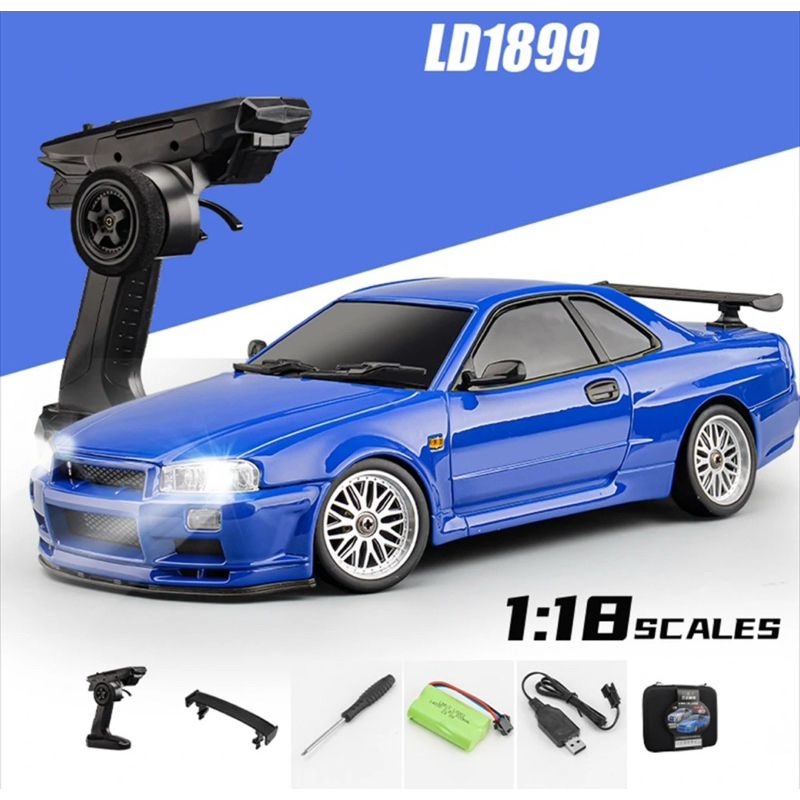 รถบังคับวิทยุLDRC LD1899 RTR (บอดี้เหล็กGTR-R34) 1:18 2WD 2.4GHz 15km/h มีไจโร มีไฟ แบตเตอรี่ชาร์จอุ