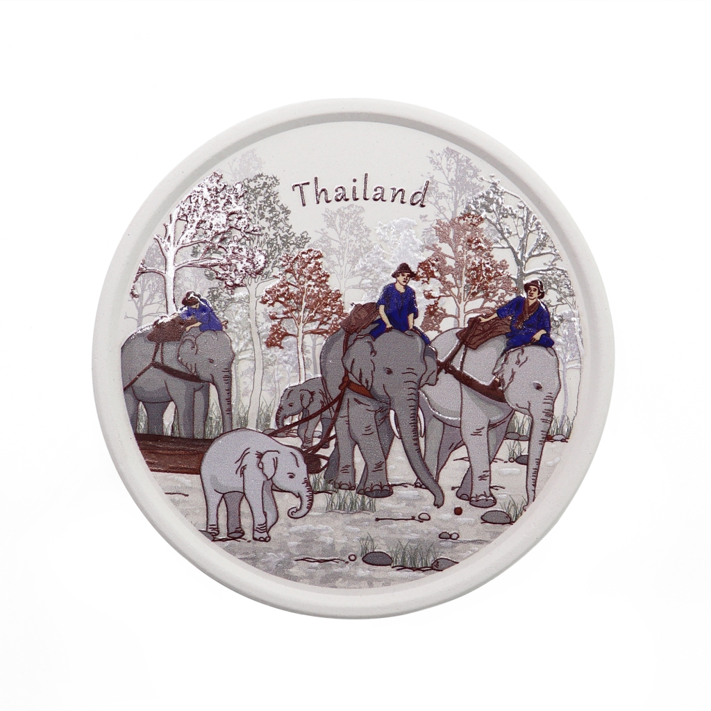 จานรองแก้วดูดน้ำ ทรงกลมมีขอบ THAI ELEPHANT 03 ที่รองแก้วซับน้ำ King Coaster  ธนบดีเซรามิค