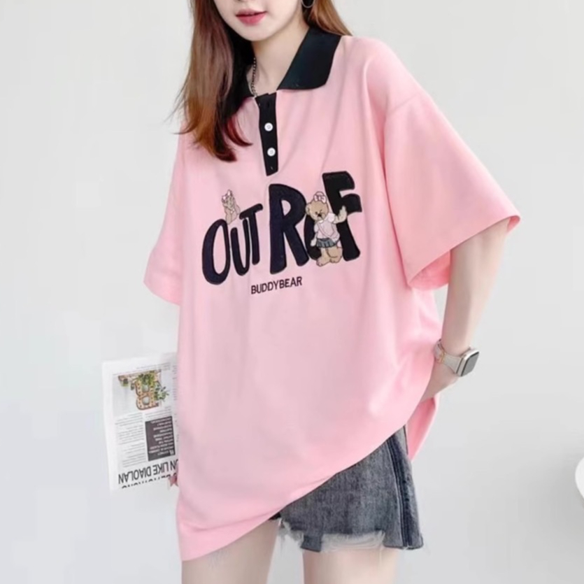 เสื้อแขนสั้นคอปกแฟชั่น Oversize งานปัก OUT ROF กระดุมคอแกะได้ (อก 44 นิ้ว) ผ้าคอตตอล พร้อมส่ง A80