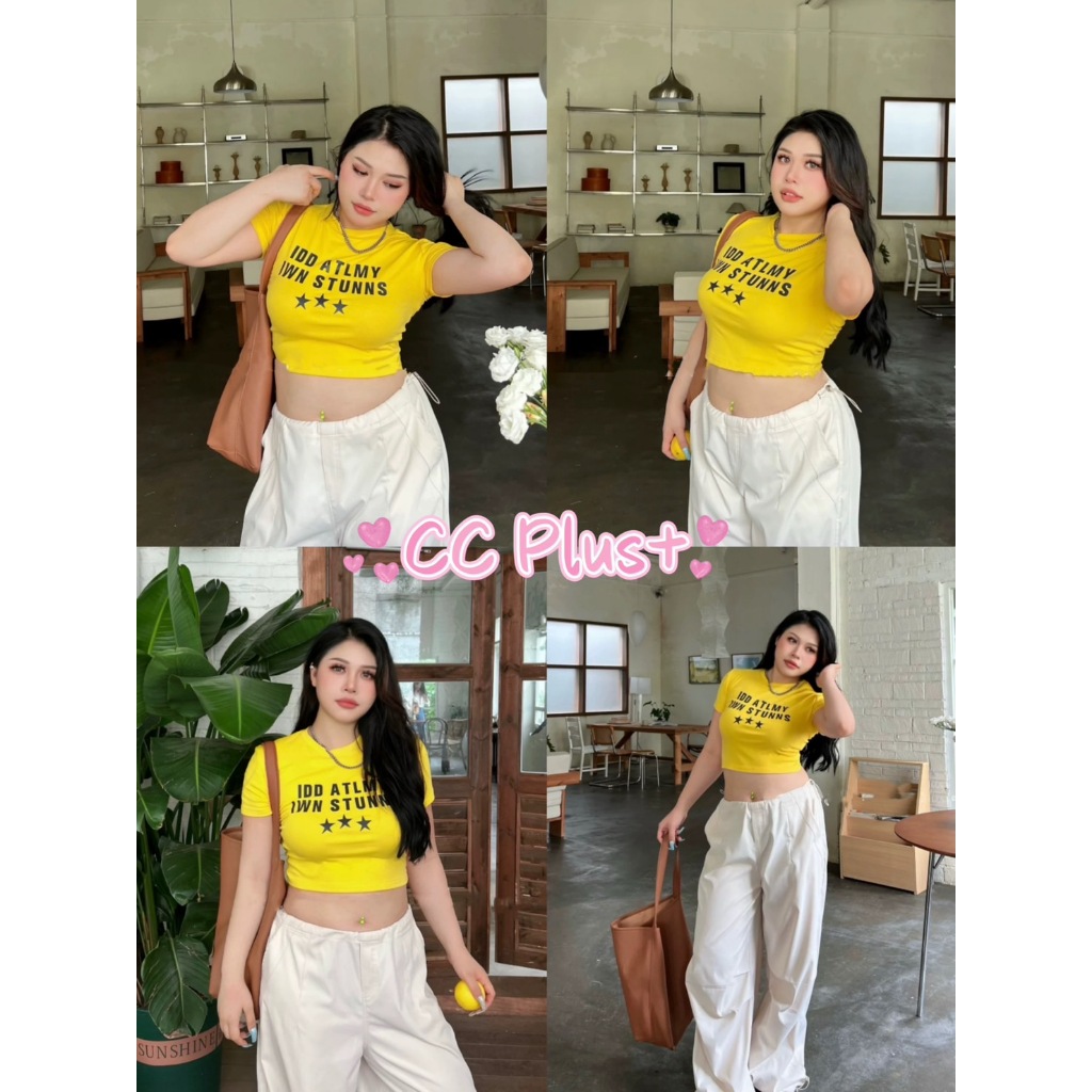 Cici plus+ (H93260) เสื้อครอปแขนสั้นคอกลม สกรีนลายเท่ๆ สไตล์สาวพลัสไซส์ – โปรปัง