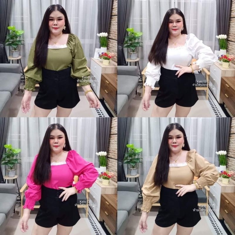 เสื้อคอเหลี่ยมแต่งลูกไม้แขนจั๊ม สม็อคหลัง